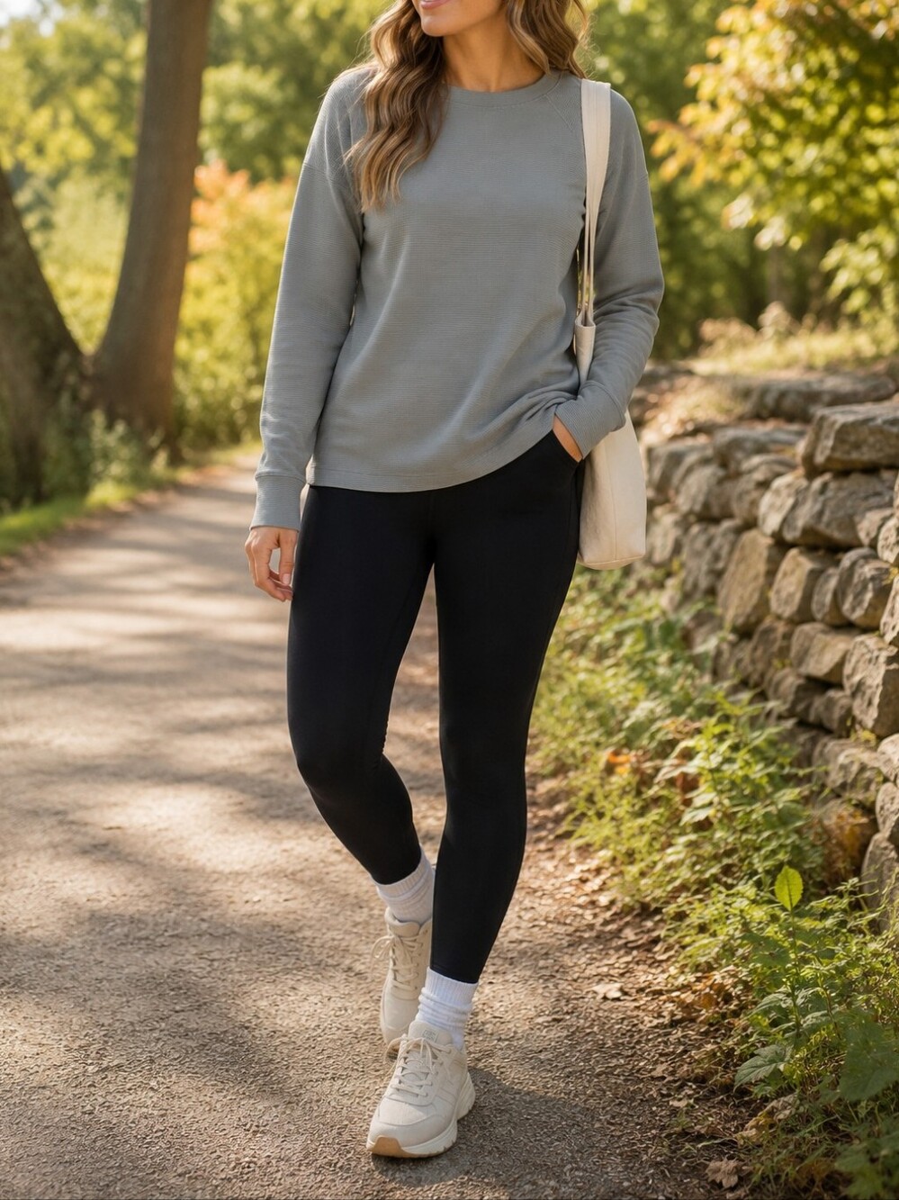 L.L.Bean Women’s Gray Ribbed Crewneck Long Sleeve Performance Sweatshirt Casual